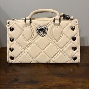 NWT‎ Betsey Johnson Quilted Satchel Bag Heart Studs Cream Crossbody Purse